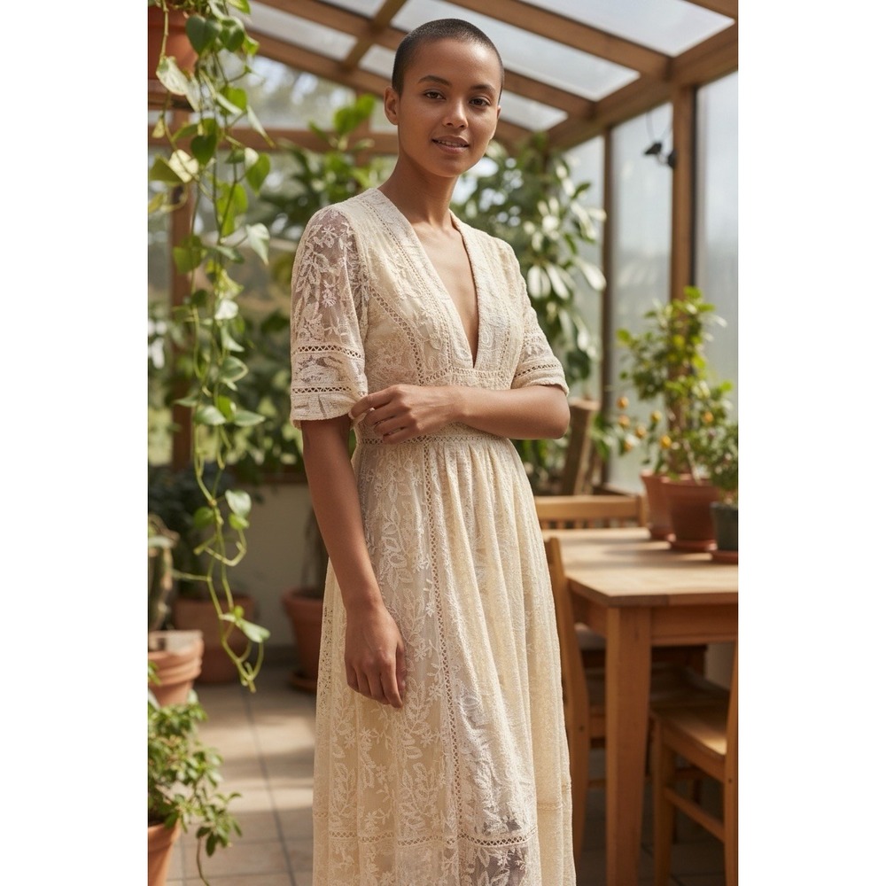Free People Boho Dress Mountain Laurel Lace Crochet Almond Beige Ivory SZ‎ 2 - Picture 2 of 13